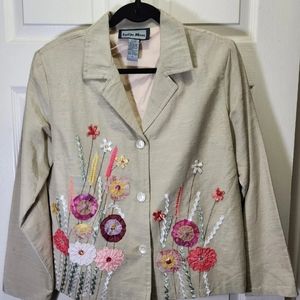 Indigo Moon Women's Beige Blazer Lined Jacket Embellished Floral Design Size L